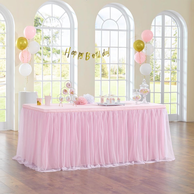 NSSONBEN 167in Baby Pink Tulle Table Skirts for Rectangle Tables 4ft 6ft 8ft, 2-Layer 14 ft Long Gold Grim Princess Pink Ruffle Tulle Tutu Table Skirt Cloth for Girl Birthday Baby Cake Dessert(No Table Cover) - Image 5